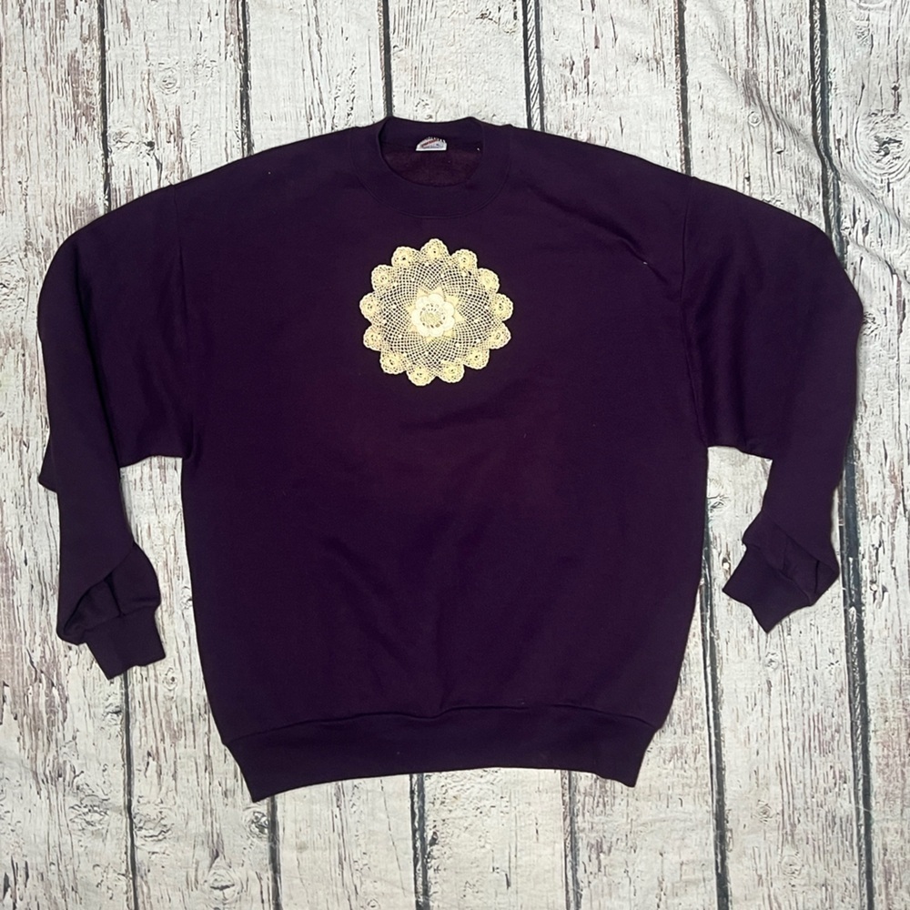 Vintage 80s Floral Flower Maroon Crewneck Jumper Sweatshirt